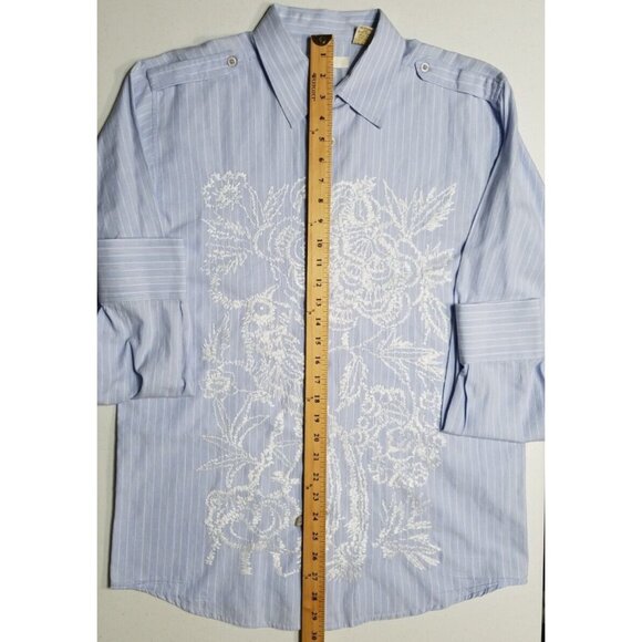 Twice Western Button Up Long Sleeve Blue Striped Embroidered Shirt Men's Large - Picture 2 of 13